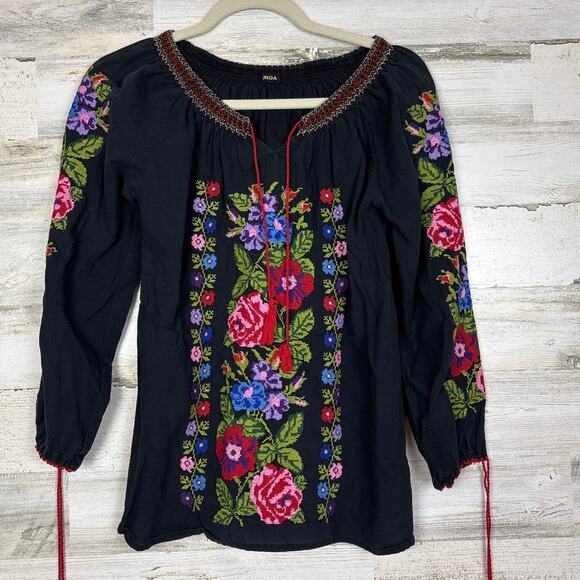 Durga womens small black boho embroidered blouse lightweight long sleeve crew - Picture 1 of 5